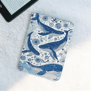 Blue Whale Kindle Case Ocean Aesthetic with Clear Back Magnetic, Colorsoft Cover, Kobo Clara Reader Case with Hand Strap, Minimalist Style