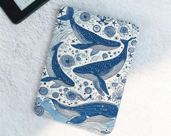 Capa para Kindle Baleia Azul com Estética Oceânica, Parte Traseira Transparente e Ímã, Capa Colorsoft, Capa para Leitor Kobo Clara com Alça de Mão, Estilo Minimalista