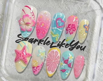 Uñas de playa 3D / Uñas de ataúd de verano rosa / Diseño de uñas para vacaciones / Hecho a mano por mí / Uñas personalizadas / Regalo para ella