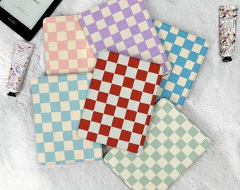 Magnetic Detachable Kindle Kobo Case, Auto Sleep Wake Ereader Cover, Fits Paperwhite/Clara, Pastel Checkered Pattern, Slim Cozy Reading Gift