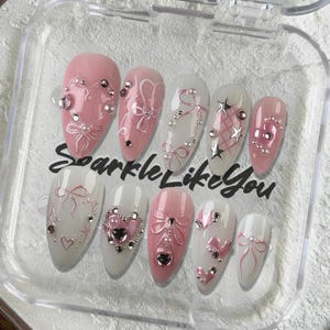 Cute Bow Press On Nails | Pink and White Pearl Nails | 3D Long Coffin Nails | Handmade by Me | Custom Nails | Gift for Her | Princess Nails