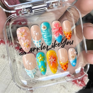Custom Press On Nails | Tropical Beach Nails | 3D Summer Flower Nails | Handmade by Me | Vacation Nail Set | Gift for Her
