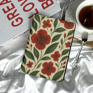 Vintage Red Floral Kindle Case, Fits All Kindle Models incl. Paperwhite 11th Gen - Auto Sleep/Wake Soft Cover - Botanica Gift for Book Lover