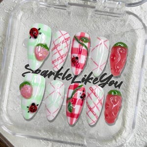 Cute Press On Nails | Kawaii Strawberry Picnic Nails | 3D Red Green Nails | Short Summer Nails | Handmade by Me | Gift for Her