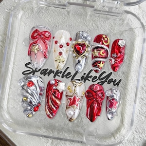 Custom press on nails / Christmas gift nails / Red silver press ons / 3D bow nails / Pearl charm nails / Long coffin nails /Holiday nail art