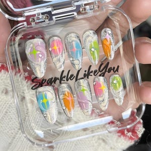 Holographic Chrome Press On Nails | 3D Color Splash Abstract Nails | Long Stiletto Nail Art | My Handmade Nails | Artsy Aesthetic Gift