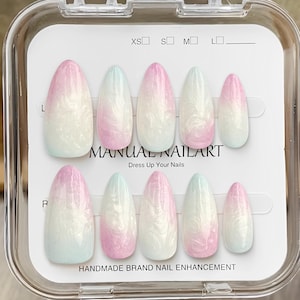 Custom press on nails / Gradient press on nails / Mermaid nails / Japanese nails / Long almond nails / Fairy nails / Iridescent nails