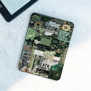 May include: A green and white collage design phone case. The case features text, a butterfly, and a snake illustration. The text includes the words "Slytherin", "Death Terror C", and "I love you".