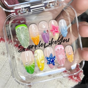 Colorful Press On Nails | 3D Jelly Fruit Nail Art | Ocean Summer Cute Nails | Handmade by Me | Long Custom Nails | Gift for Her