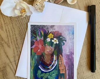 Hawaiian Wahine Floral Postcard: Island Woman Portrait Art