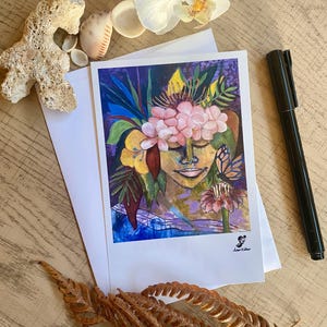 Postal de mujer tropical bohemia: impresión de retrato ilustrado, tarjeta artística de chica isleña, decoración de pared estética, miniarte bohemio para regalar