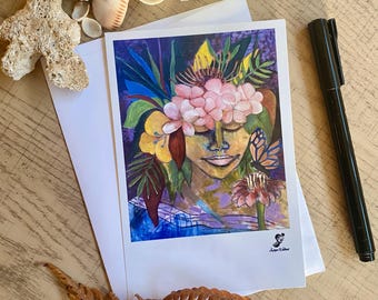 Boho Tropical Woman Art Card: Illustrated Portrait Print