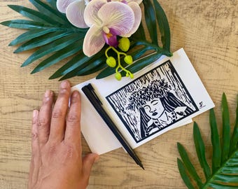 Hawaiian Woman Woodcut Postcard: Polynesian Portrait Art Print