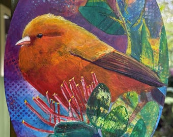 Hawaiian Akepa Honeycreeper Painting • Mixed-Media Bird Plaque • Native Hawaiʻi Forest Bird