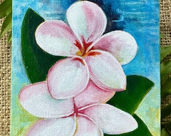 Hand-Painted Plumeria Mini Canvas – Tropical Floral Art, Hawaiian Decor