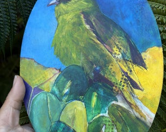 Hawaiian 'Amakihi Honeycreeper Plaque • Mixed-Media Native Bird Art • Hawaiʻi Forest Bird Painting • Tropical Nature Wall Decor