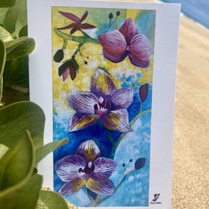 postale lumineuse d'orchidée | Mini oeuvre d'art fleur tropicale | Impression botanique vibrante | Papeterie inspirée d'Hawaï | Carte de voeux florale exotique