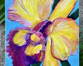 Mini Orchid Painting on Canvas – Hand-Painted Tropical Flower Art, Hawaiian Miniature Original Artwork