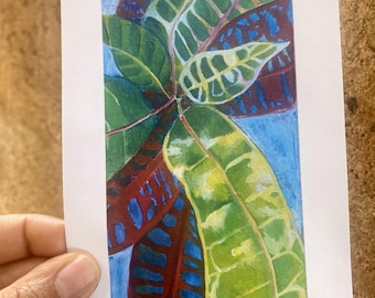 Croton Plant Art Postcard: Tropical Acrylic Painting Mini Print