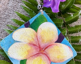 Hand-Painted Plumeria Ornament – Tropical Flower Art on Wood