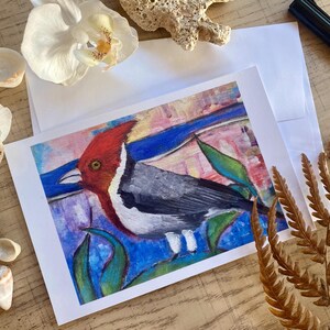 Cartão postal de cardeal-de-crista-vermelha | Impressão artística de pássaros tropicais | Mini pintura de vida selvagem havaiana | Papelaria para pássaros da ilha | Cartão postal de pássaros exóticos