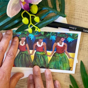 Drei Hula Tänzerinnen Postkarte | Hawaiianische Tanz Kunstdruck | Island Kultur Mini Gemälde | Tropische Postkarte | Hula Mädchen Illustration Karte