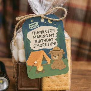 Camping Birthday Favor Tags – “S’more Fun” Bear Printable – Happy Camper Party Thank You Tag – Tent Campfire Kids Birthday Decor