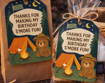 Campingfödelsedagspresentetiketter, Woodland Bear S'more Thanks (digital nedladdning)