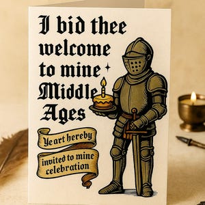 Divertida tarjeta de invitación de cumpleaños de la Edad Media · Caballero con pastel · Tarjeta plegable imprimible para adultos que cumplen la mediana edad