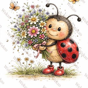 Peut inclure: Une illustration de dessin animé représentant une coccinelle à carapace rouge à pois noirs, portant des bottes rouges, tenant un grand bouquet de fleurs sauvages colorées noué d'un ruban rose. Deux petits papillons jaunes volent à proximité.
