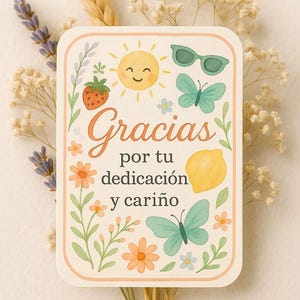 Etiqueta de agradecimiento en español imprimible • Gracias por tu dedicación y cariño • Etiqueta de agradecimiento al maestro • Etiqueta de regalo de verano • Etiqueta de descarga digital