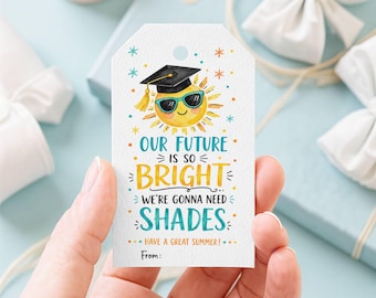 Etiqueta imprimible para regalo de gafas de sol de graduación, etiqueta "Nuestro futuro es tan brillante", etiqueta para obsequios de fin de curso, etiqueta JPG para dulces de fiesta de clase