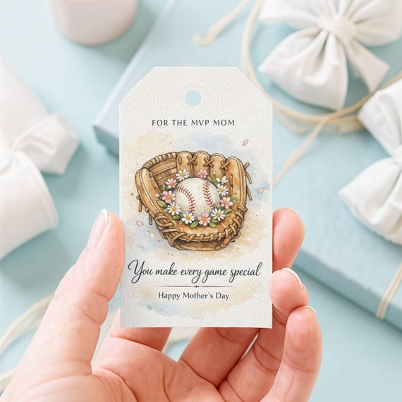 Baseball Mom Gift Tags Printable, MVP Mom Mother's Day Tag, Sports Mom Favor Tags, Baseball Glove Floral Tag JPG Download