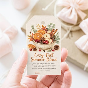 Op de afbeelding: Een rechthoekig, crèmekleurig cadeaulabel met een aquarelillustratie van een kom gevuld met sinaasappelschijfjes, appelschijfjes, kaneelstokjes en dennenappels. De tekst luidt Cozy Fall Simmer Blend met instructies en een From-regel.