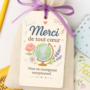 Étiquettes Merci Maîtresse à imprimer – Tag globe floral pour enseignant, cadeau de fin d’année, fichier numérique