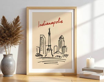 Skyline-poster van Indianapolis, handgetekende stadslijntekeningen (digitale download)
