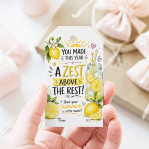 Könnte beinhalten: Ein weißes Geschenkanhänger mit einer Aquarellillustration von Zitronen, Blättern und einem Glas Limonade. Das Etikett trägt den Text "YOU MADE THIS YEAR A ZEST ABOVE THE REST!" und "Hope your summer is extra sweet!"