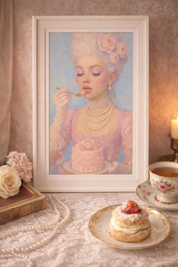 Marie Antoinette Art, Rococo Wall Art, Cake Art Print, Vintage Cake Art, Feminine Portrait, Pastel Rococo, French Court Illustration