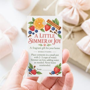 May include: A rectangular white gift tag featuring watercolor illustrations of orange slices, strawberries, raspberries, blueberries, cinnamon sticks, and cloves. The text reads A LITTLE SIMMER OF JOY, A fragrant gift for your home, DIRECTIONS, and From.