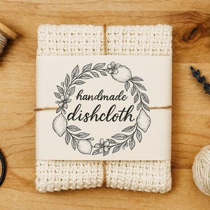 Handgefertigtes Geschirrtuch Etikett Wrap Digitale JPG Datei Druckbare Schwarz Weiß Zitronen Kranz Etikett für Häkeln oder Stricken Geschenke