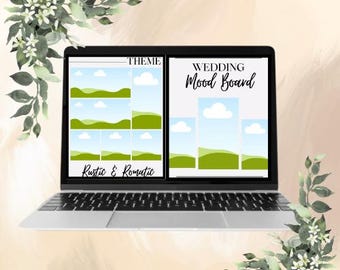 Puede incluir: Una pantalla de computadora portátil que muestra un tablero de inspiración para una boda con un tema rústico y romántico. El tablero de inspiración presenta una serie de imágenes con colinas verdes, cielo azul y nubes blancas.