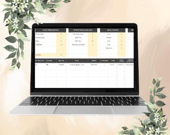 Op de afbeelding: Een laptopscherm dat een spreadsheet toont met de koppen "Gast Breakdown", "Invitations Summary" en "Meal Choice". De spreadsheet geeft verschillende gastcategorieën, uitnodigingstypen en maaltijdopties weer.