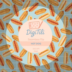 May include: A seamless pattern featuring a repeating design of hot dogs with mustard and ketchup on a light blue background with a white grid pattern. The pattern is surrounded by a circle with a pink background and the text "Digi Tili", "Seamless file", "HOT DOG", "300 DPI", and "PNG".