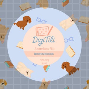 May include: Seamless pattern featuring cartoon dogs, books, and glasses on a blue grid background. The design includes the text "DigiTili" and "BOOKISH DOGS". The pattern is suitable for various applications.