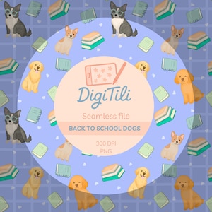 May include: A seamless pattern with cartoon dogs, books, and notebooks on a light blue backdrop. The design includes various dog breeds, stacks of books, and notebooks. The text "DigiTili" and "BACK TO SCHOOL DOGS" is also visible.