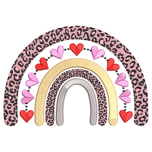 Diseño de bordado de corazón arcoíris con estampado de leopardo, archivo de bordado de corazón arcoíris, archivo de bordado a máquina de arcoíris bohemio