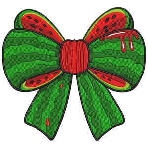 May include: A decorative bow featuring a watermelon design. The bow has green and red colors, with a textured appearance. The bow's center is a solid red, and the bow's edges are outlined in black.