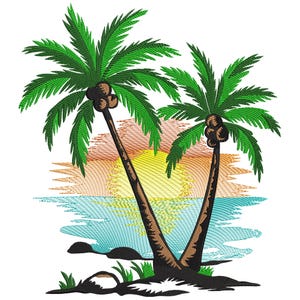 May include: Embroidered design of two palm trees with green fronds and brown trunks, set against a sunset over the ocean. The sun is yellow, and the sky transitions from orange to blue. The design includes coconuts and grass.
