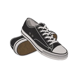 Puede incluir: Zapatillas de lona negras con cordones blancos y suela de goma blanca. Las zapatillas tienen un diseño clásico de corte bajo con puntera texturizada y suela marrón. Ilustración vectorial.