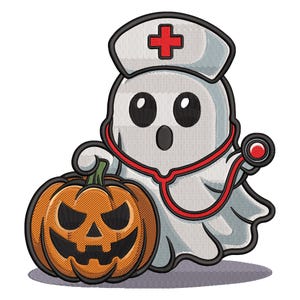 Könnte beinhalten: Ein Cartoon-Geist mit einer Krankenschwestermütze mit rotem Kreuz und Stethoskop, der einen geschnitzten orangefarbenen Kürbis hält. Der Geist hat große schwarze Augen und einen überraschten Ausdruck, ideal für Halloween.